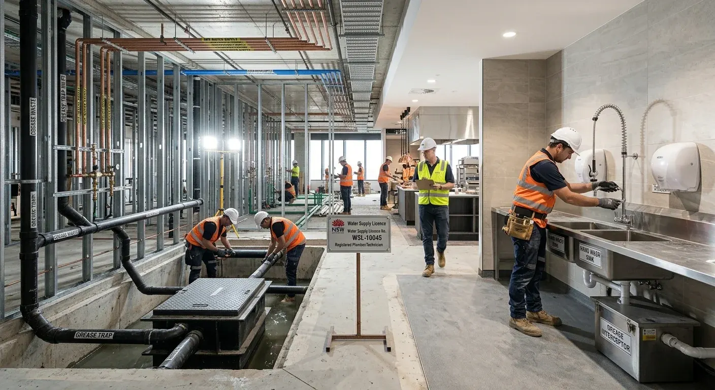 Commercial kitchen in a Melbourne venue with stainless steel benches, sinks and cooking equipment